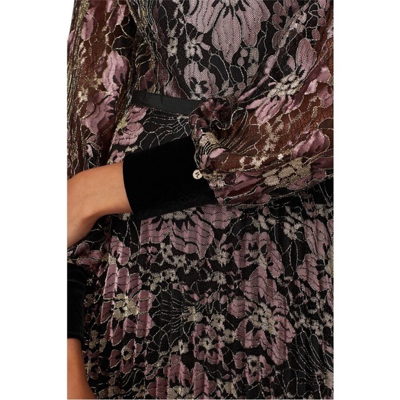 Nissa Floral Lace Pleated Floral Trim Midi Dress - Picture 5 of 13